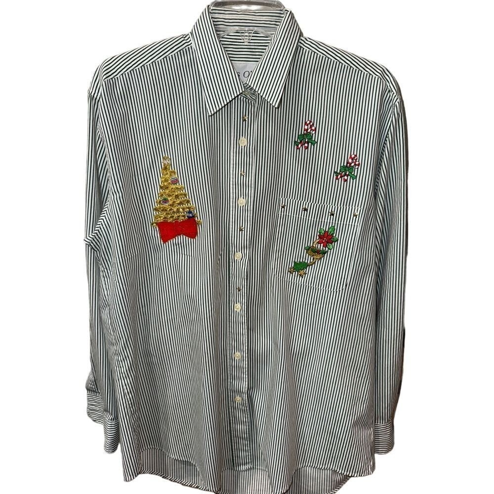 LAS OLAS STRIPED CHRISTMAS ART APPLICATION WOMEN'S BLOUSE-SIZE L